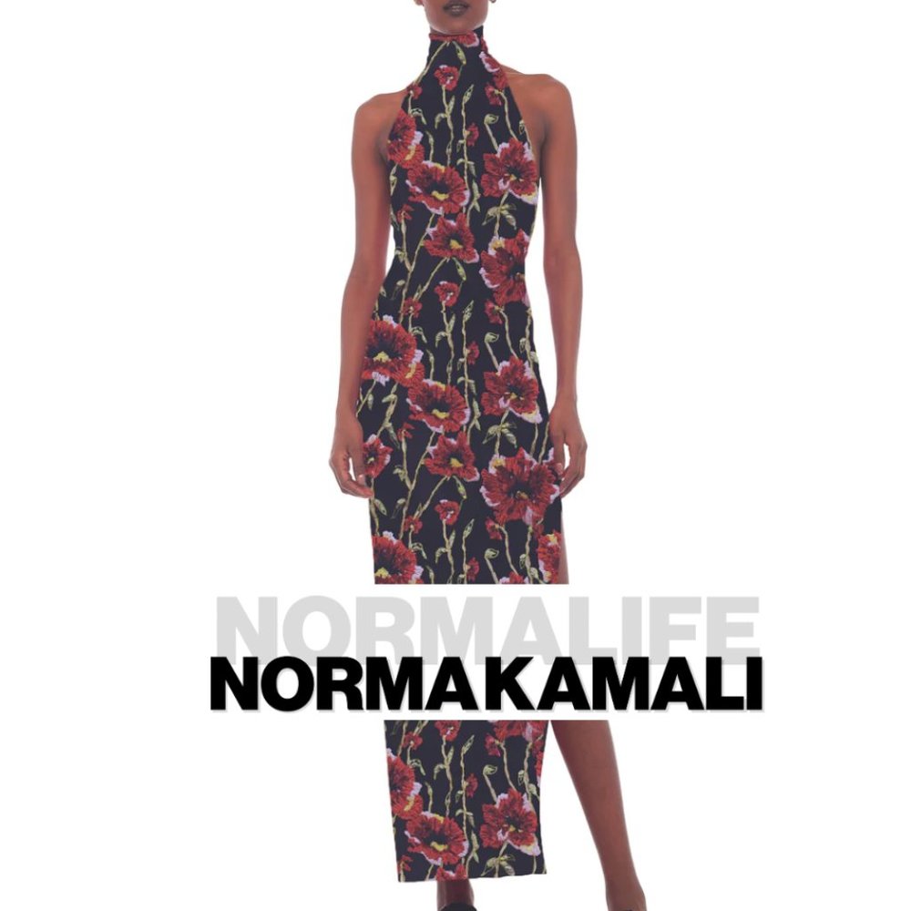 NORMA KAMALI Halter Turtle Side Slit Gown